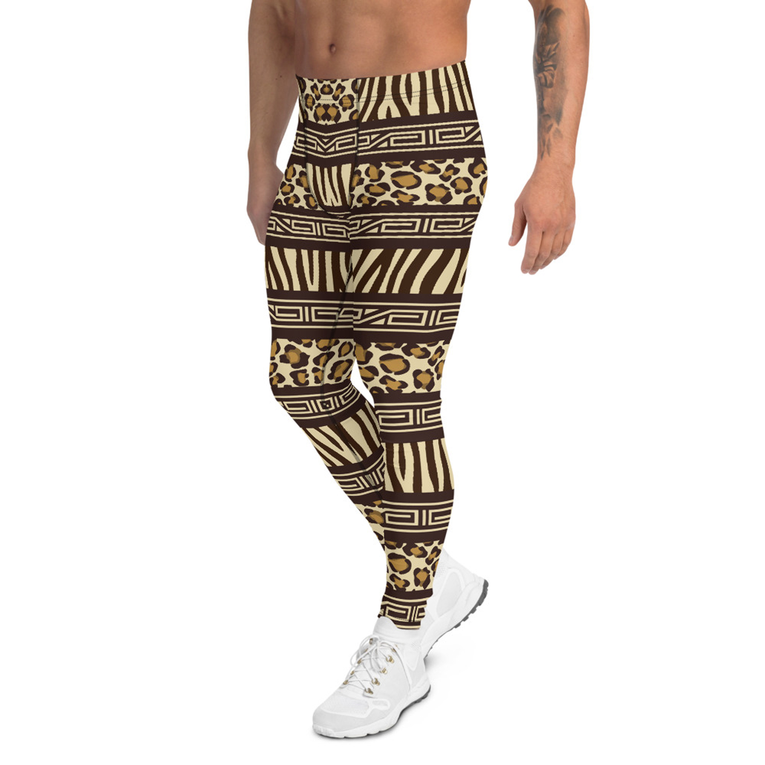Men's African Safari Leggings featuring a vibrant print, made from high-performance fabric blend for comfort and durability.