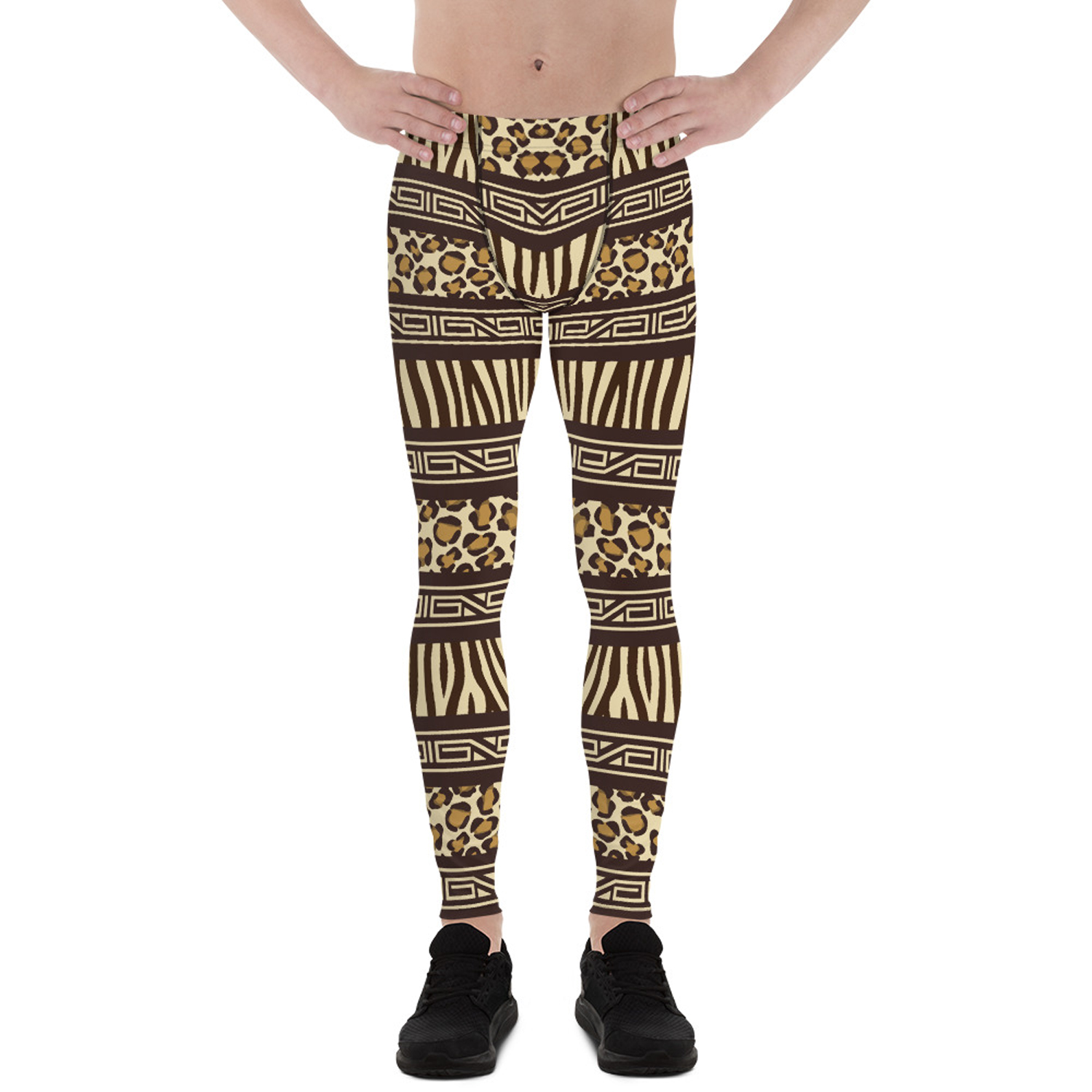 Men's African Safari Leggings featuring a vibrant print, made from high-performance fabric blend for comfort and durability.