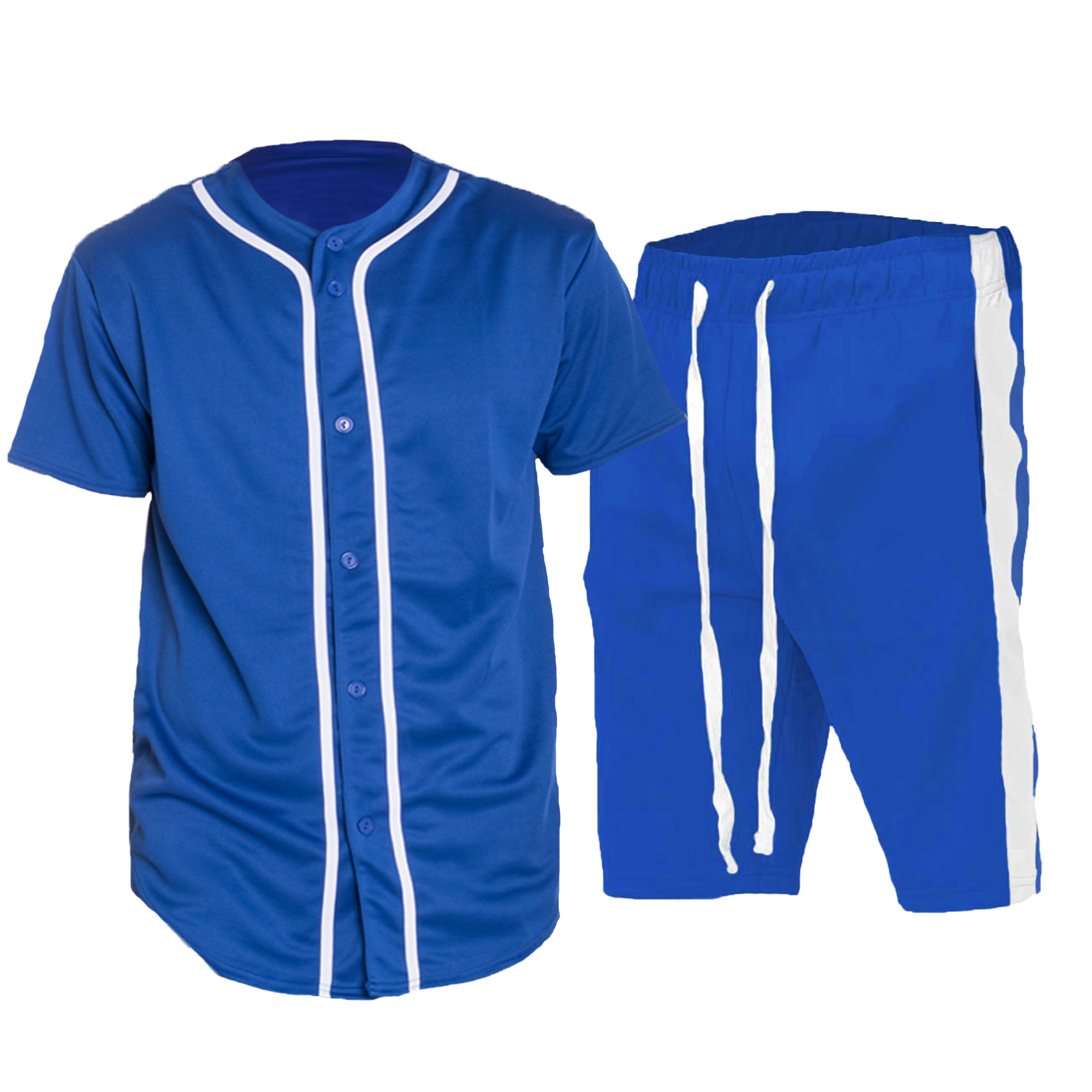 Bleed Blue Jersey and Short Set featuring a button-down jersey and elastic waist shorts in vibrant blue color.