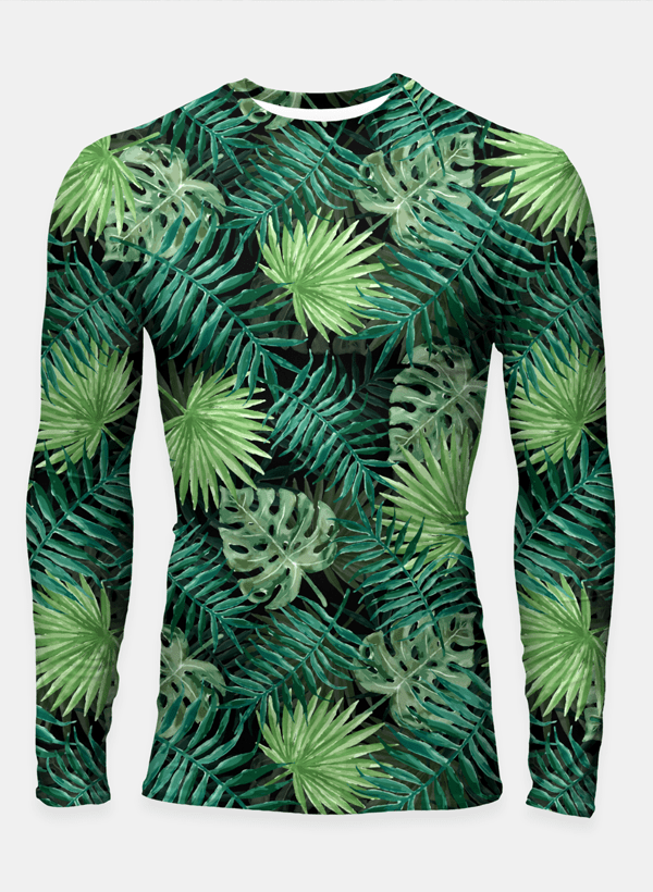 Long-sleeve shirt with tropical leaves.