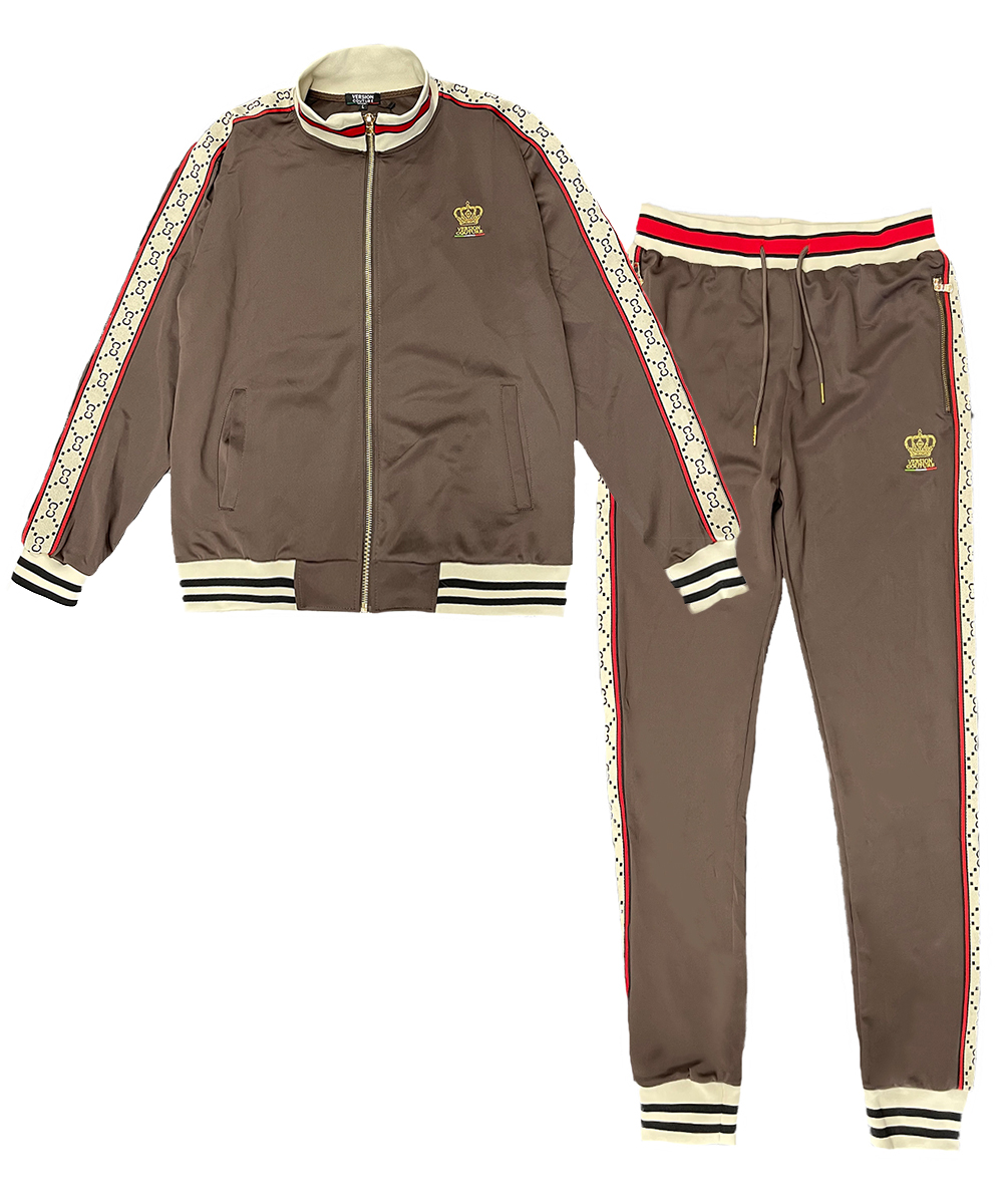 Men's CC Logo Track Jacket and Pant Set featuring a full zip-up jacket and elastic waist pants with striped logo detailing.