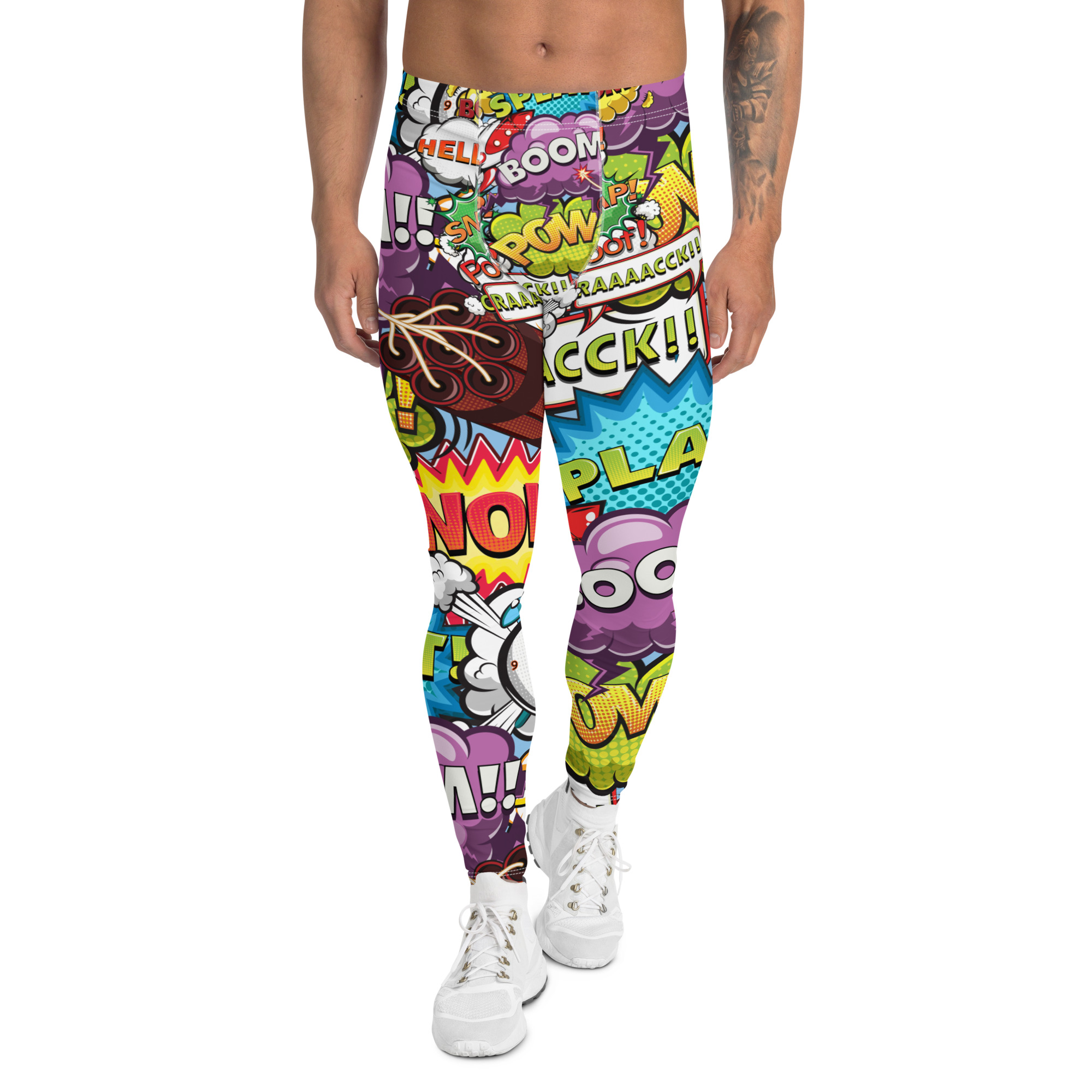 Men's Comic Pop Art Leggings featuring vibrant colors and a unique design, made from high-performance fabric for comfort and flexibility.