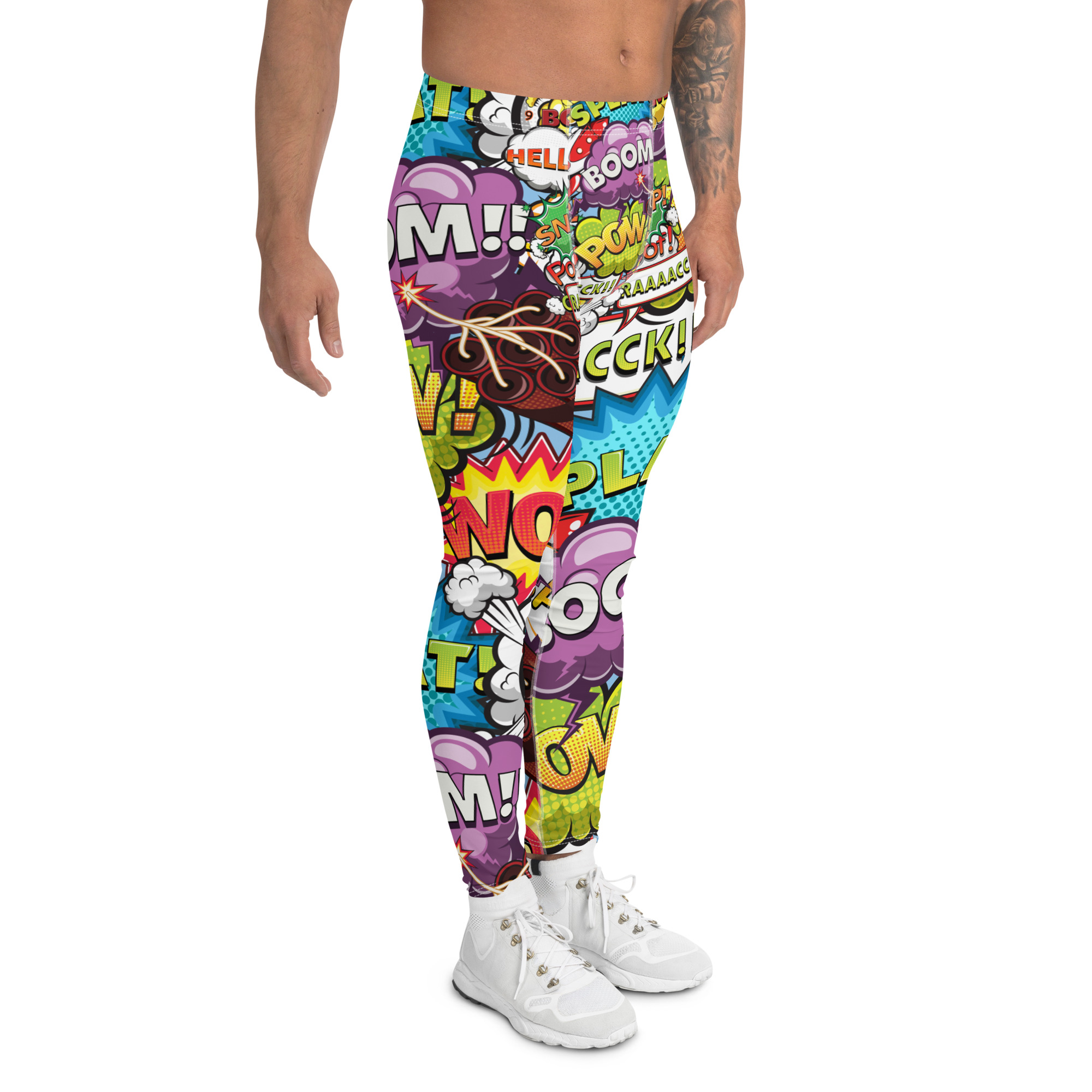 Men's Comic Pop Art Leggings featuring vibrant colors and a unique design, made from high-performance fabric for comfort and flexibility.