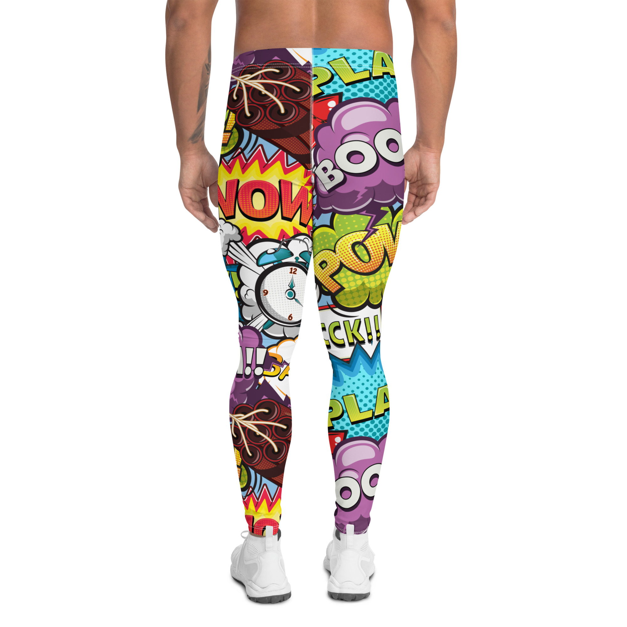 Men's Comic Pop Art Leggings featuring vibrant colors and a unique design, made from high-performance fabric for comfort and flexibility.