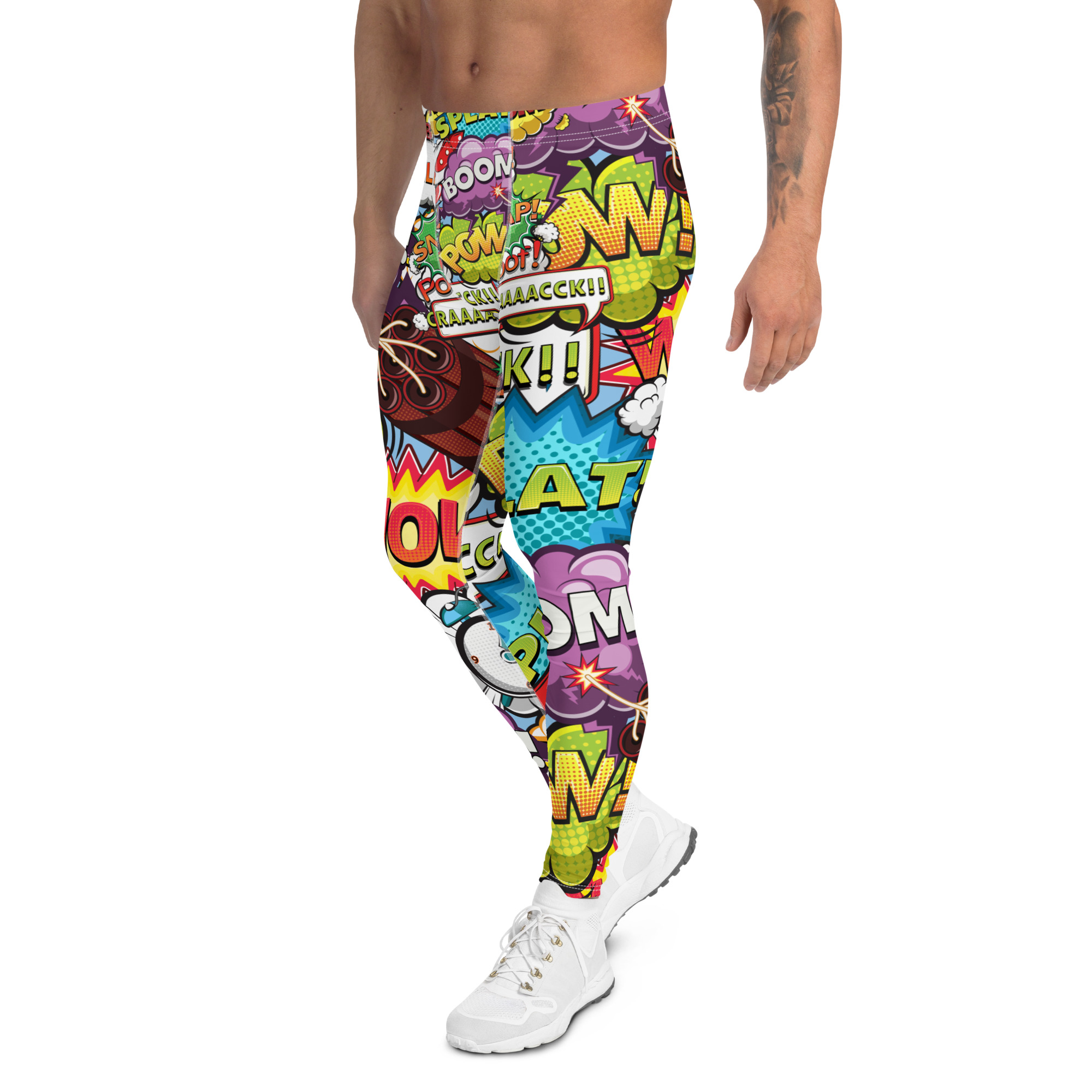 Men's Comic Pop Art Leggings featuring vibrant colors and a unique design, made from high-performance fabric for comfort and flexibility.