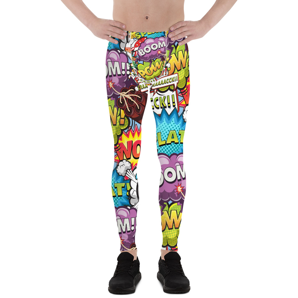 Men's Comic Pop Art Leggings featuring vibrant colors and a unique design, made from high-performance fabric for comfort and flexibility.