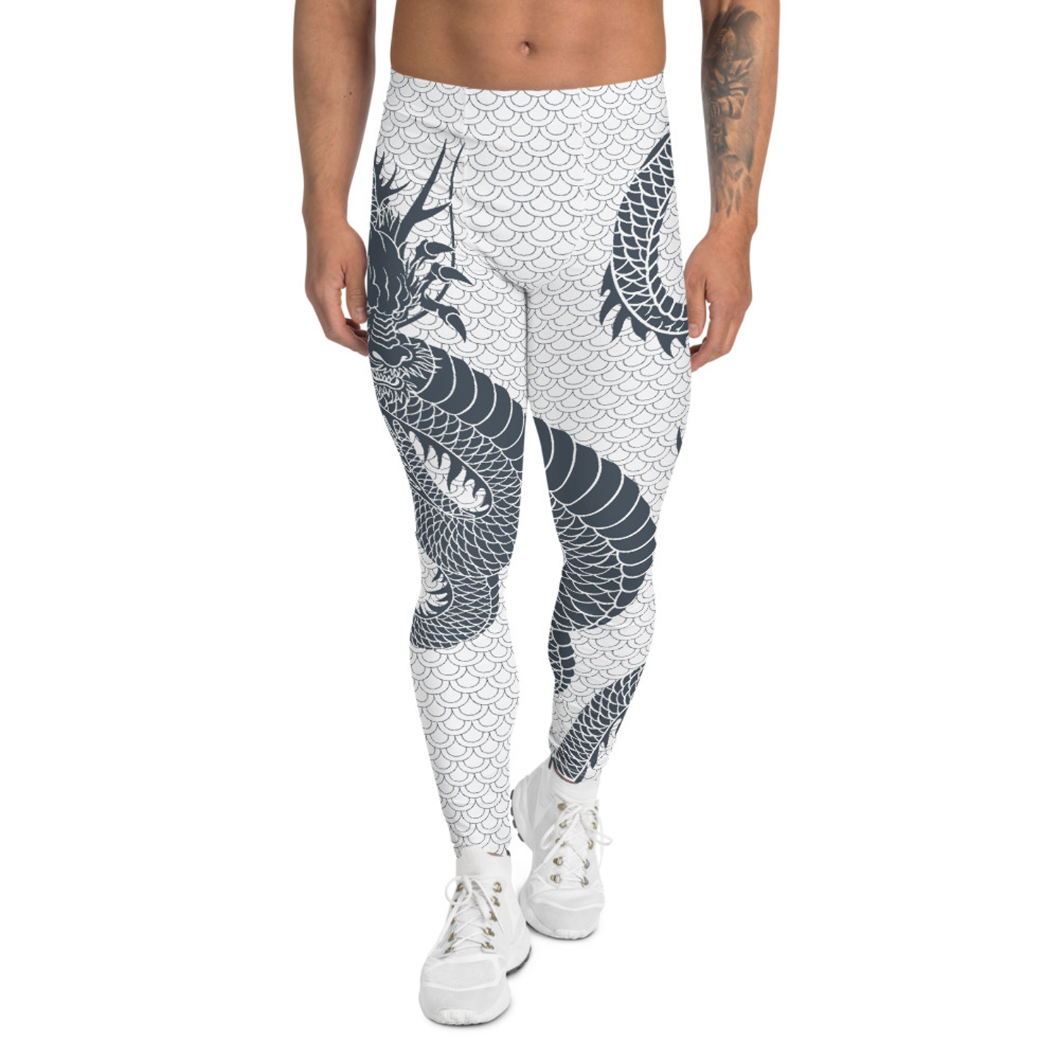 Men's Dragon Leggings in White and Gray, showcasing a unique dragon print design, made from high-performance fabric for comfort and flexibility.