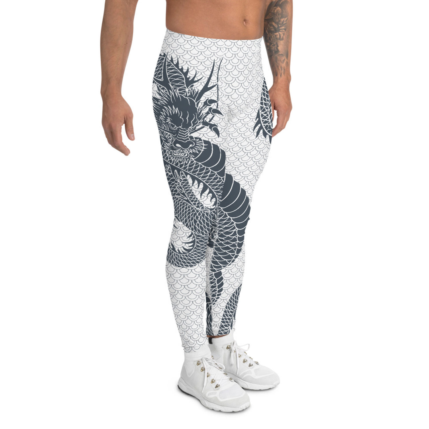 Men's Dragon Leggings in White and Gray, showcasing a unique dragon print design, made from high-performance fabric for comfort and flexibility.