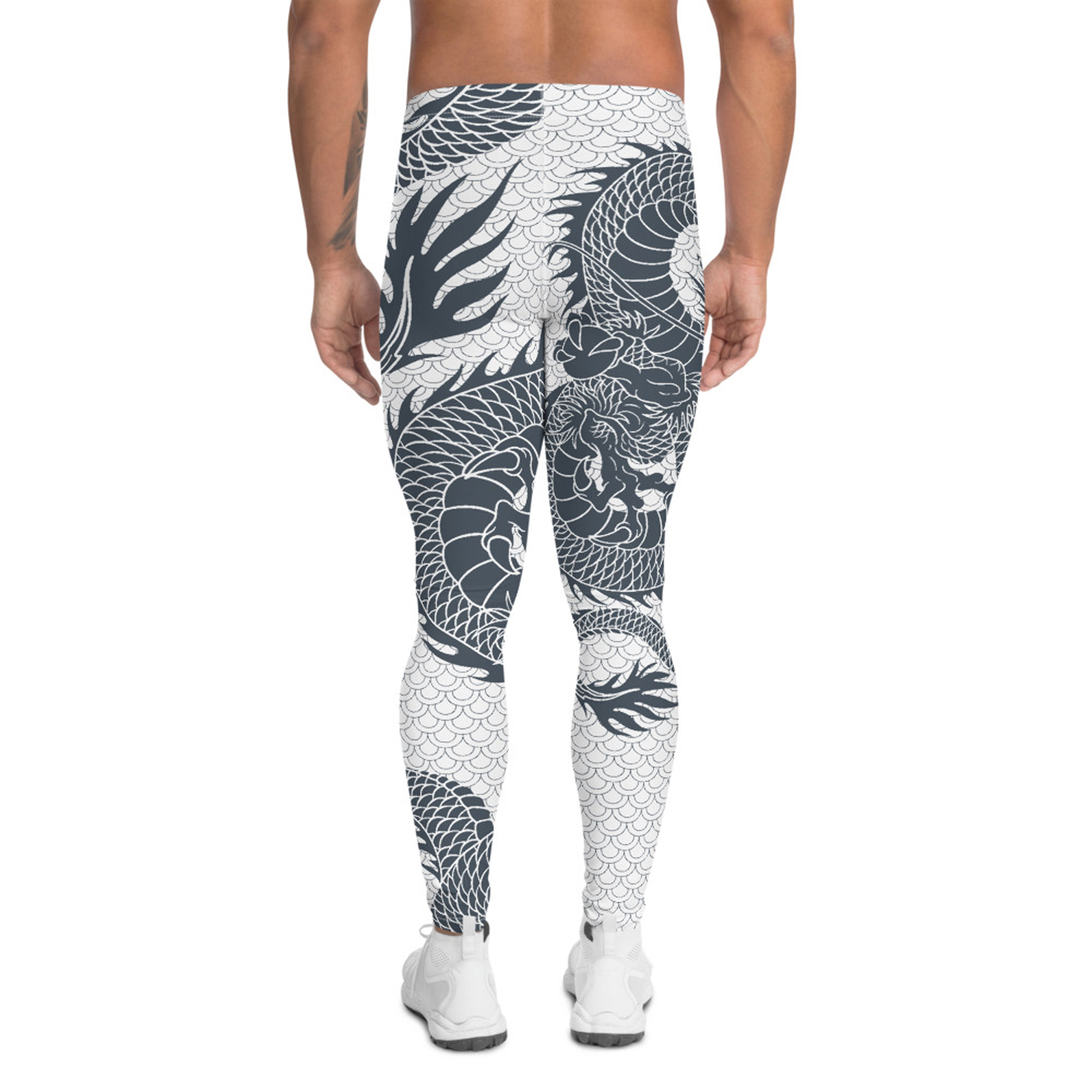 Men's Dragon Leggings in White and Gray, showcasing a unique dragon print design, made from high-performance fabric for comfort and flexibility.