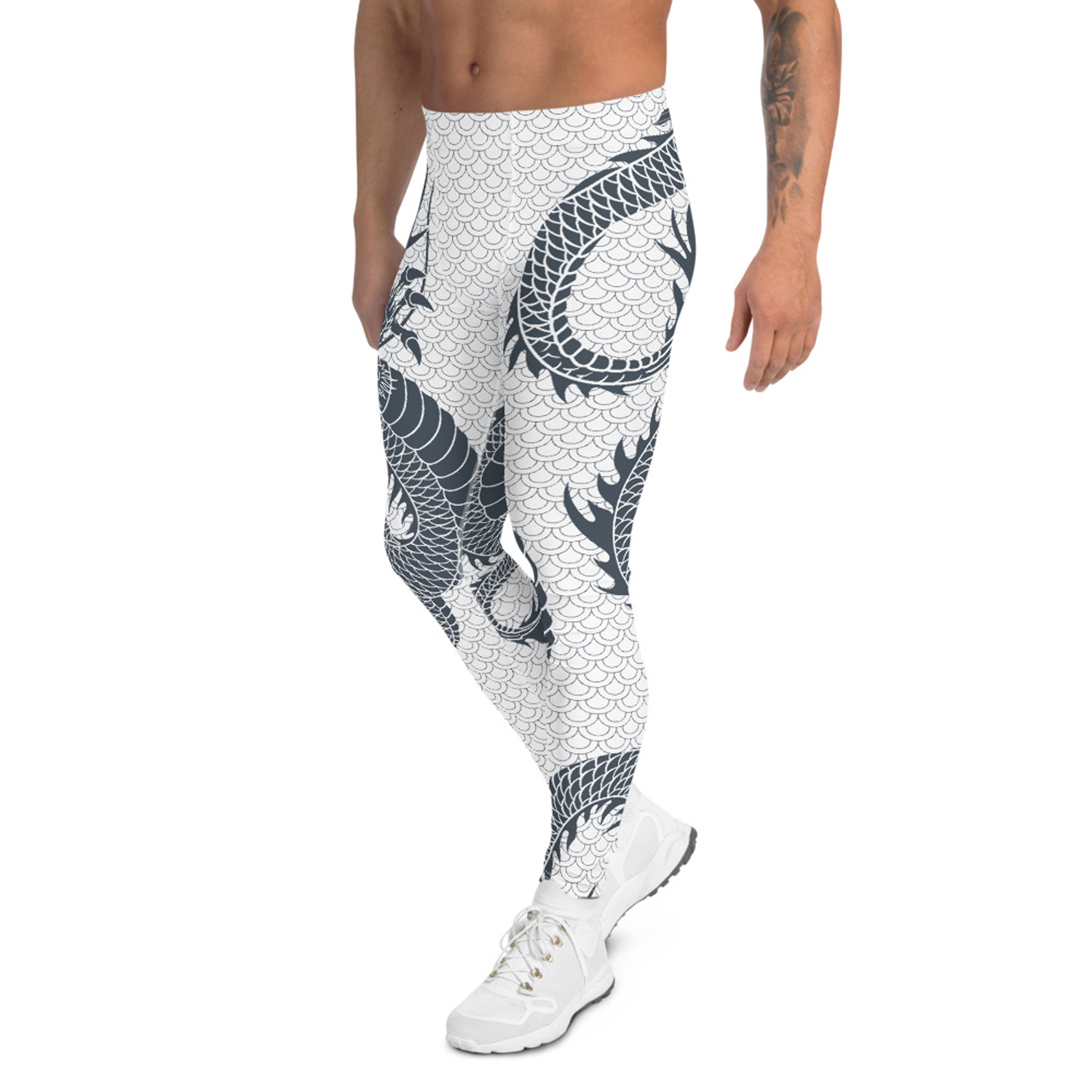 Men's Dragon Leggings in White and Gray, showcasing a unique dragon print design, made from high-performance fabric for comfort and flexibility.