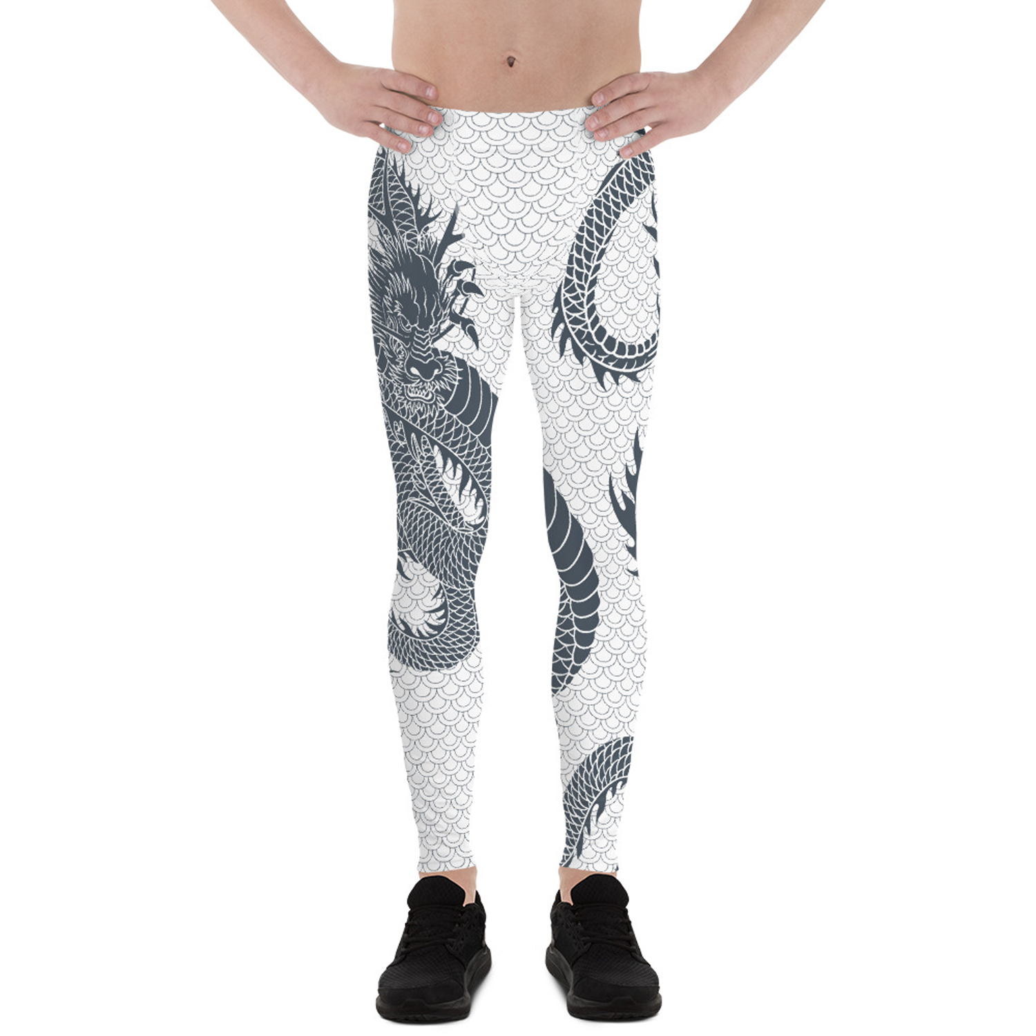 Men's Dragon Leggings in White and Gray, showcasing a unique dragon print design, made from high-performance fabric for comfort and flexibility.