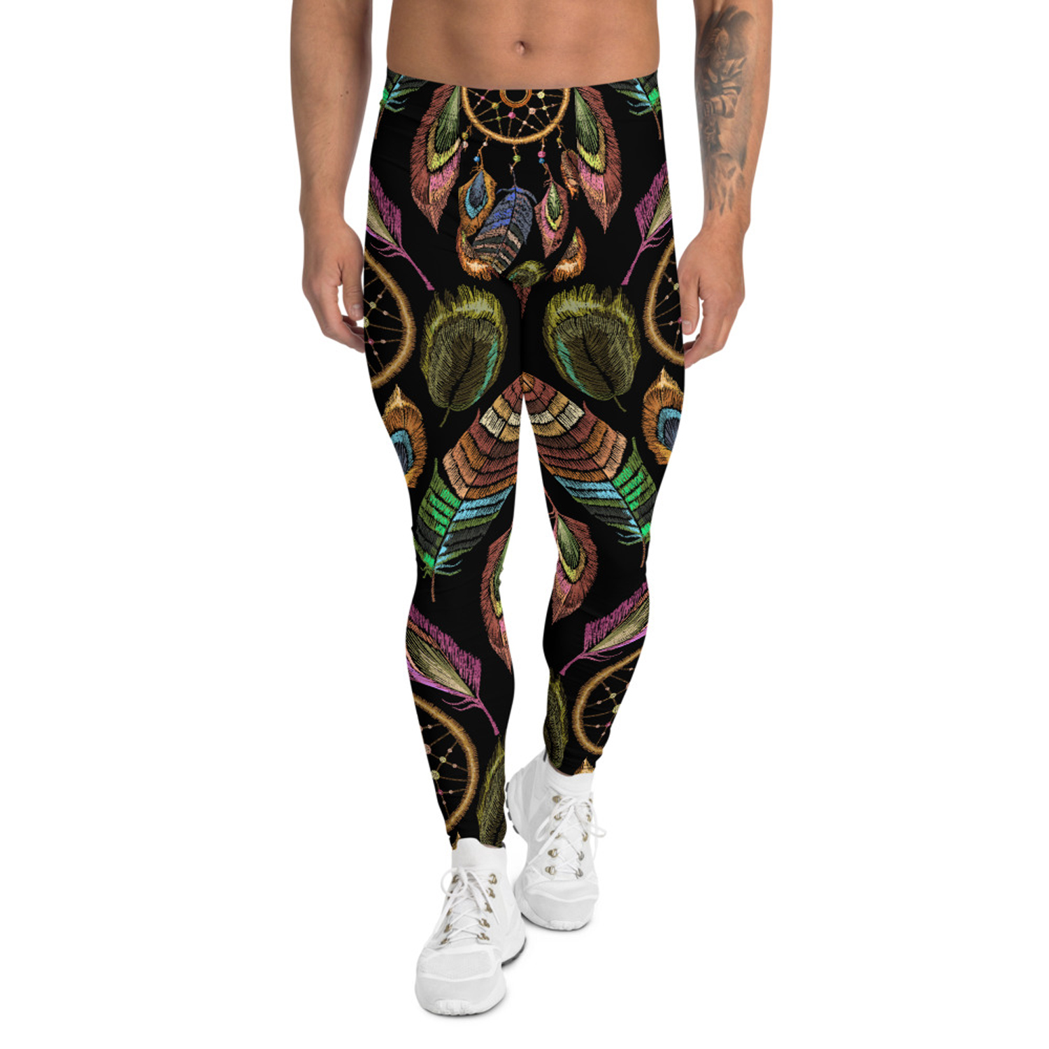 A pair of men's Dreamcatcher leggings featuring a unique dreamcatcher print, made from a high-performance fabric blend for comfort and flexibility.