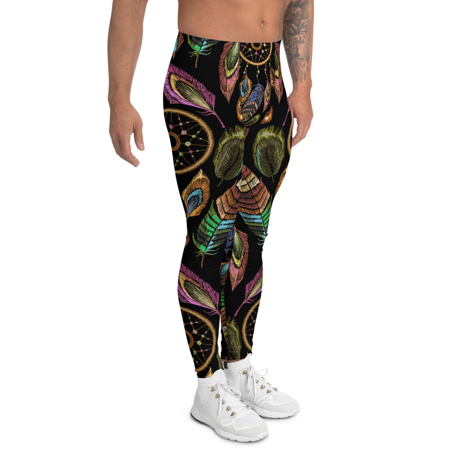 A pair of men's Dreamcatcher leggings featuring a unique dreamcatcher print, made from a high-performance fabric blend for comfort and flexibility.