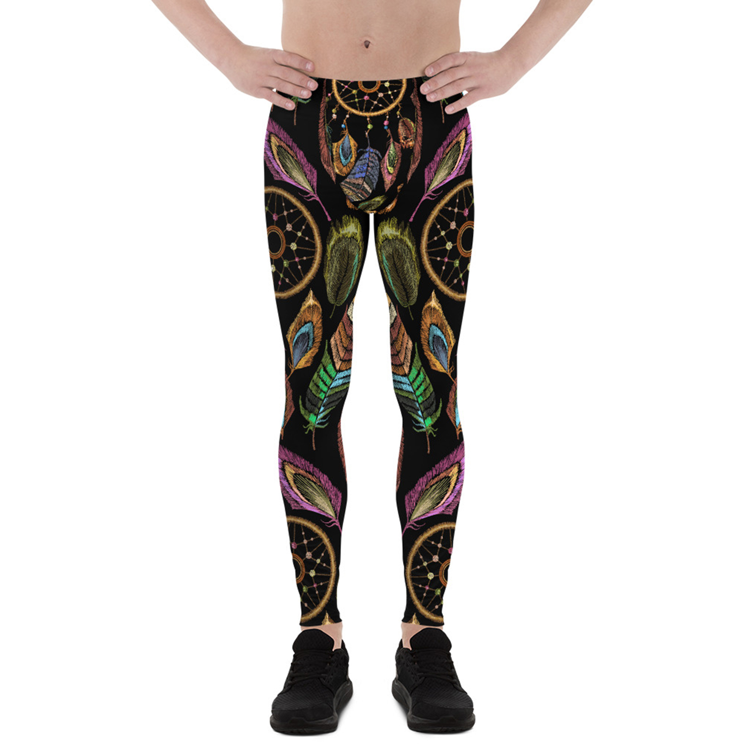 A pair of men's Dreamcatcher leggings featuring a unique dreamcatcher print, made from a high-performance fabric blend for comfort and flexibility.