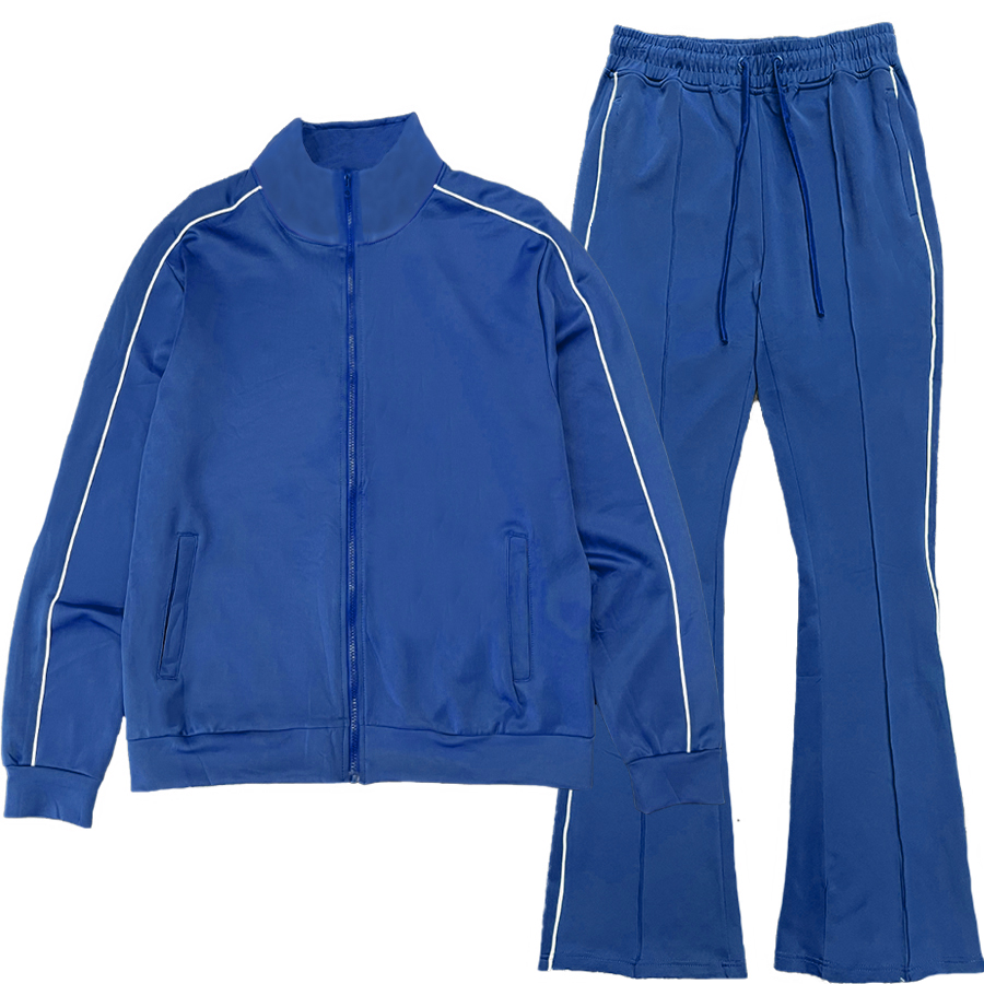 Men's Flare Stacked Track Suit featuring a matching jacket and pants with white side piping and zippered pockets.