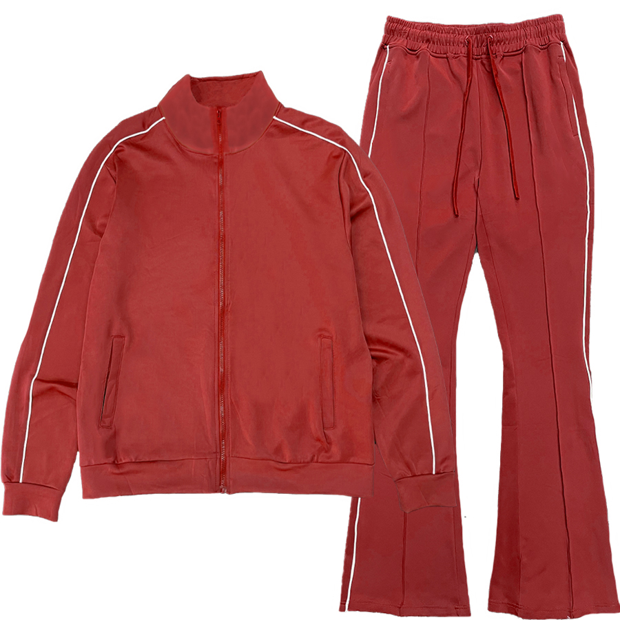 Men's Flare Stacked Track Suit featuring a matching jacket and pants with white side piping and zippered pockets.