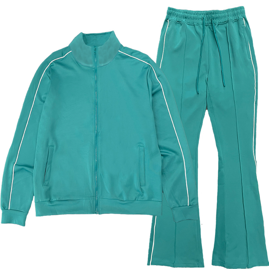 Men's Flare Stacked Track Suit featuring a matching jacket and pants with white side piping and zippered pockets.