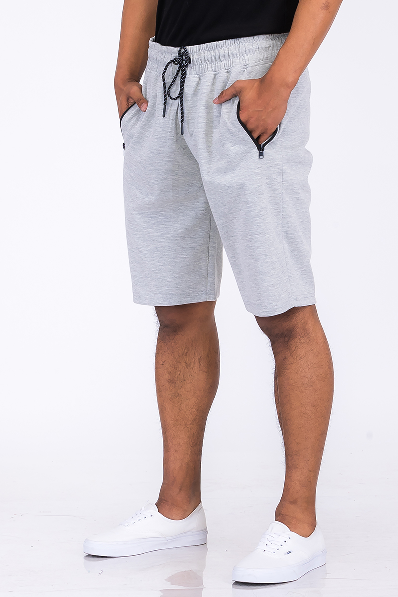 Heathered cotton shorts featuring an elastic waist and zipper pocket, perfect for casual wear.
