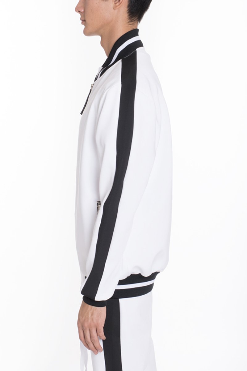 Heavy Weight Solid Track Jacket featuring ribbed collar, cuffs, and contrast stripe sides, perfect for casual wear.