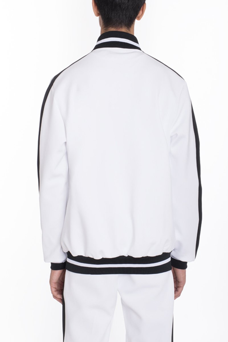 Heavy Weight Solid Track Jacket featuring ribbed collar, cuffs, and contrast stripe sides, perfect for casual wear.