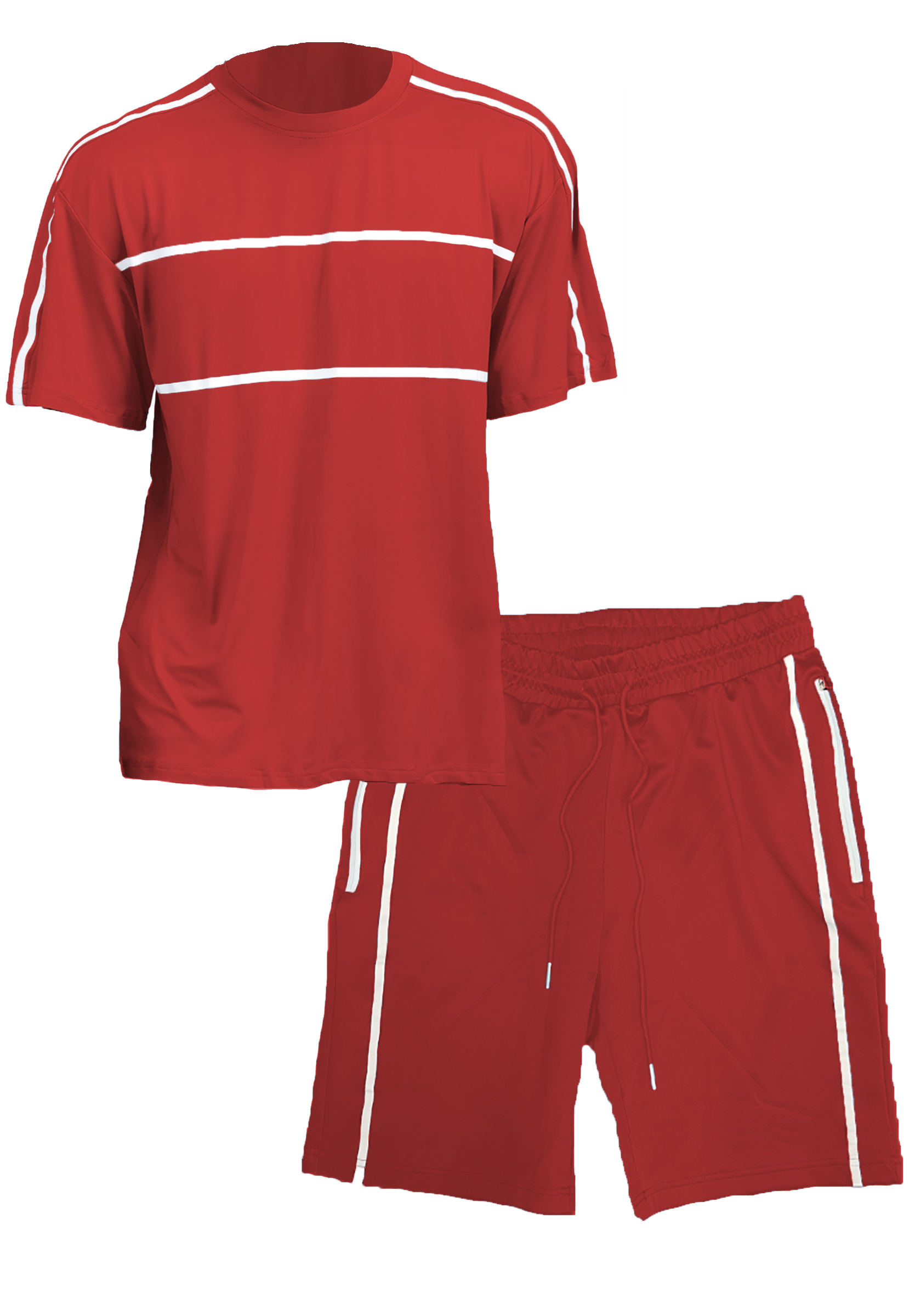 Jordan T-shirt and Short Set featuring a round neck T-shirt and elastic waist shorts with tape design.