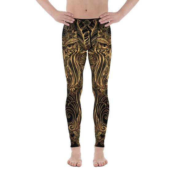 Men's leggings featuring an Art Deco Steam Punk Owl design, made from a high-performance fabric blend, showcasing vibrant colors and intricate patterns.