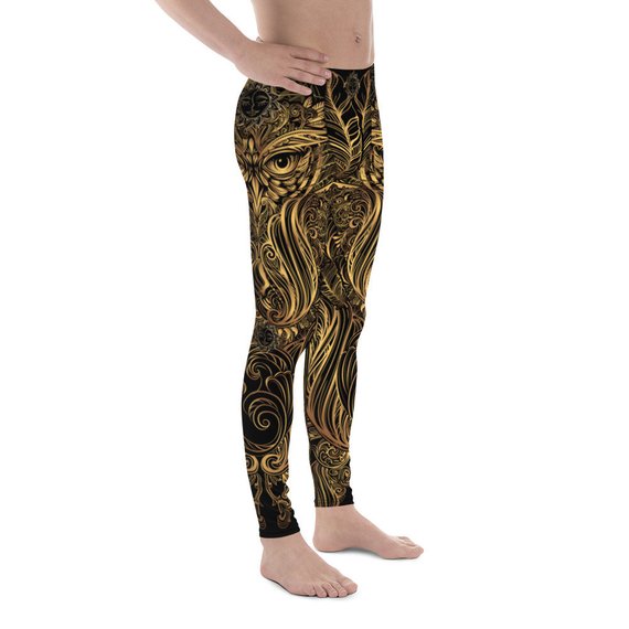 Men's leggings featuring an Art Deco Steam Punk Owl design, made from a high-performance fabric blend, showcasing vibrant colors and intricate patterns.