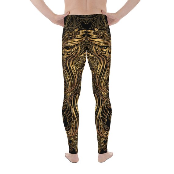 Men's leggings featuring an Art Deco Steam Punk Owl design, made from a high-performance fabric blend, showcasing vibrant colors and intricate patterns.