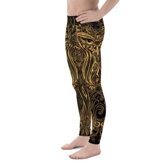 Men's leggings featuring an Art Deco Steam Punk Owl design, made from a high-performance fabric blend, showcasing vibrant colors and intricate patterns.