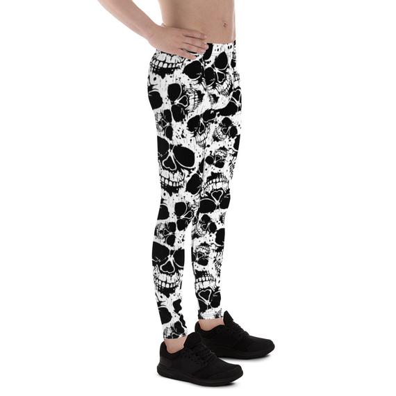 Men's Black and White Skull Leggings showcasing a unique skull print, made from high-performance fabric blend for comfort and flexibility.