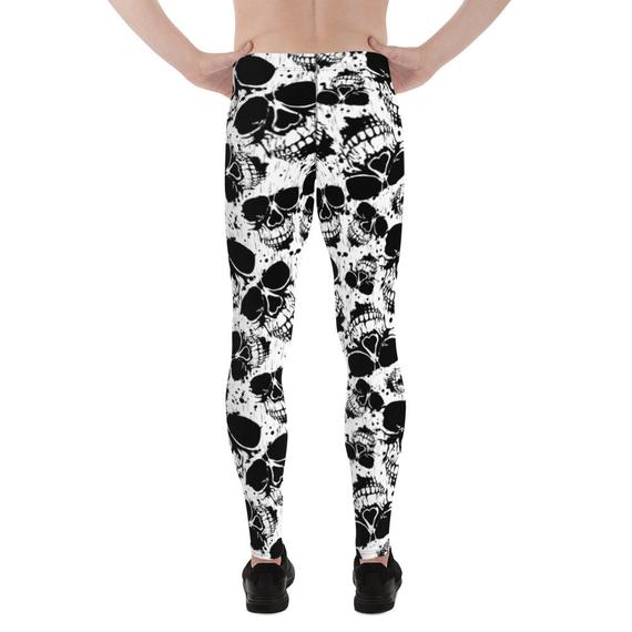 Men's Black and White Skull Leggings showcasing a unique skull print, made from high-performance fabric blend for comfort and flexibility.