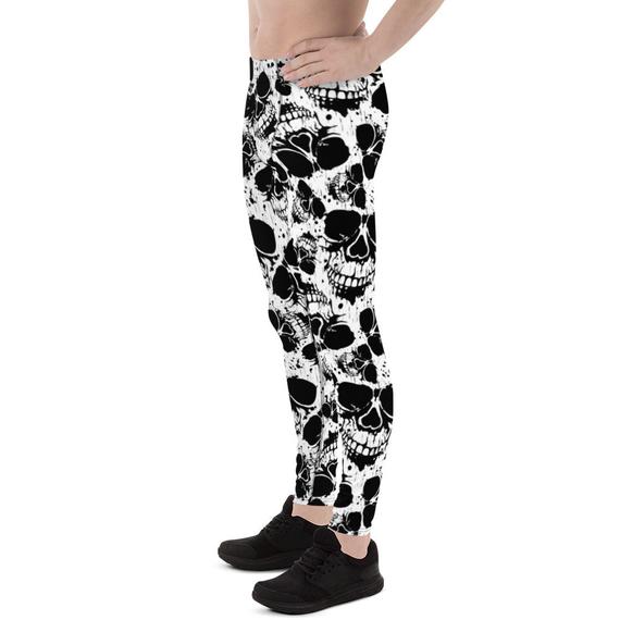 Men's Black and White Skull Leggings showcasing a unique skull print, made from high-performance fabric blend for comfort and flexibility.