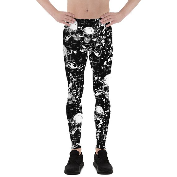 Men's Black Skull Leggings featuring a unique skull print, made from a high-performance fabric blend for comfort and flexibility during workouts.