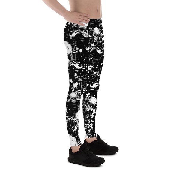 Men's Black Skull Leggings featuring a unique skull print, made from a high-performance fabric blend for comfort and flexibility during workouts.