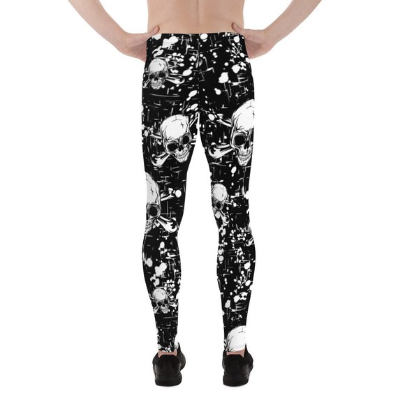 Men's Black Skull Leggings featuring a unique skull print, made from a high-performance fabric blend for comfort and flexibility during workouts.