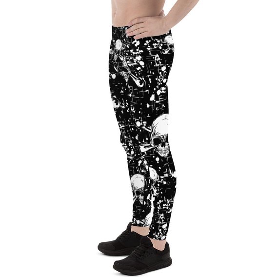 Men's Black Skull Leggings featuring a unique skull print, made from a high-performance fabric blend for comfort and flexibility during workouts.