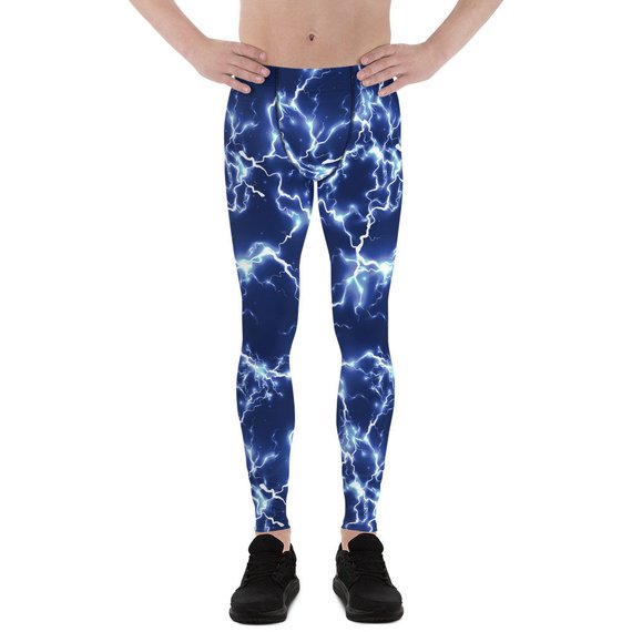 Men's Blue Thunder Lightning Leggings showcasing vibrant blue lightning design, made from high-performance fabric blend for comfort and flexibility.