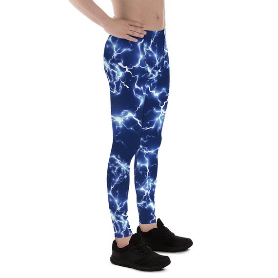 Men's Blue Thunder Lightning Leggings showcasing vibrant blue lightning design, made from high-performance fabric blend for comfort and flexibility.
