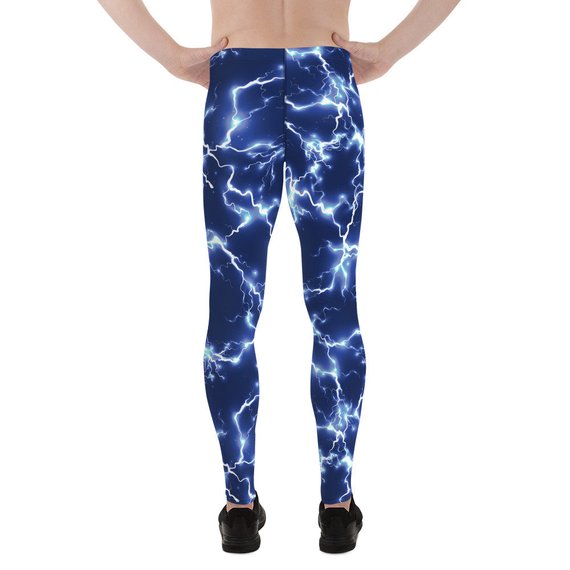 Men's Blue Thunder Lightning Leggings showcasing vibrant blue lightning design, made from high-performance fabric blend for comfort and flexibility.