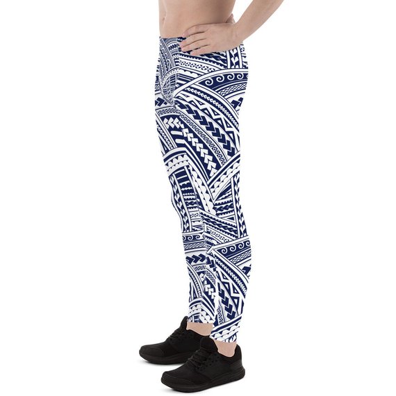 Men's leggings featuring a vibrant Maori Polynesian tattoo design, made from a high-performance fabric blend for comfort and flexibility during workouts.