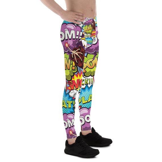 Men's leggings featuring colorful Pop Art comic book designs, made from high-performance fabric for comfort and flexibility during workouts.