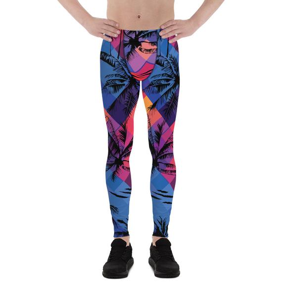 Men's leggings featuring a vibrant tropical palm tree print, designed for comfort and performance during various activities.