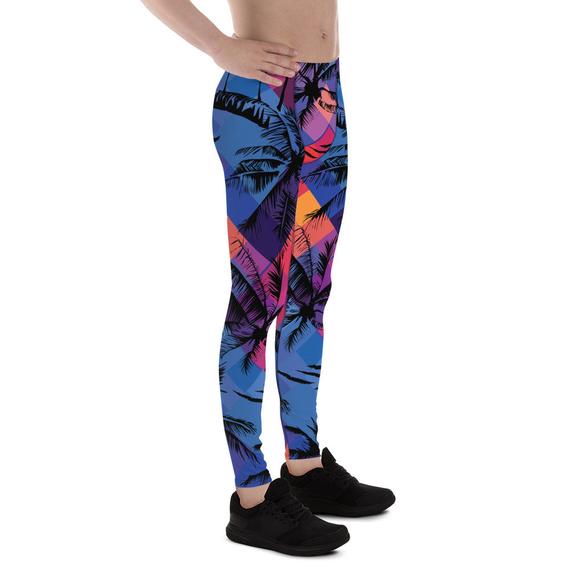 Men's leggings featuring a vibrant tropical palm tree print, designed for comfort and performance during various activities.