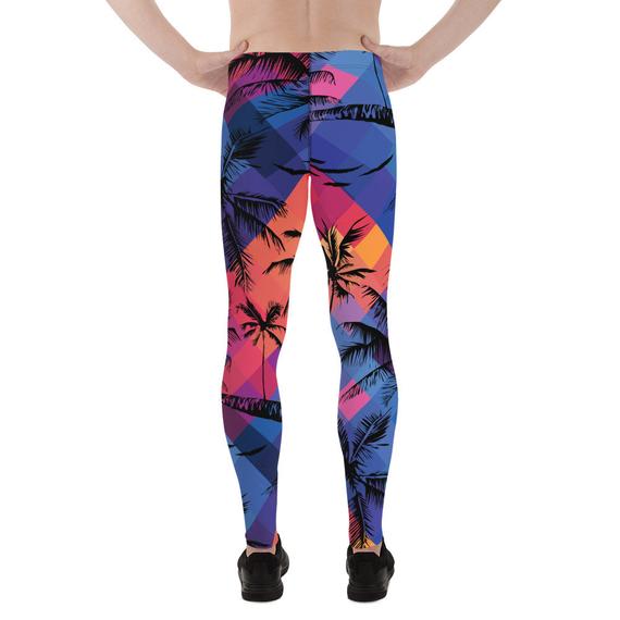 Men's leggings featuring a vibrant tropical palm tree print, designed for comfort and performance during various activities.