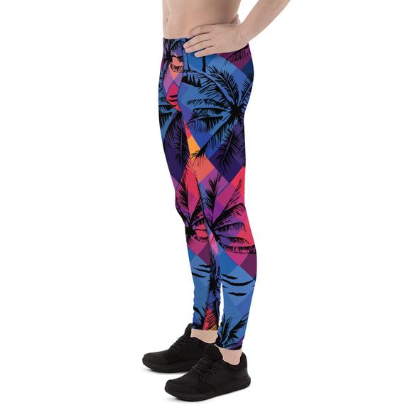 Men's leggings featuring a vibrant tropical palm tree print, designed for comfort and performance during various activities.