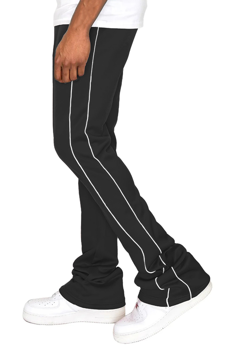 Men's Side Pipe Stacked Flare Pants featuring white side piping and zippered pockets, perfect for casual wear.