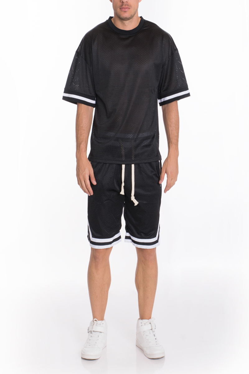 A stylish Mesh Jersey T-shirt paired with Basketball Mesh Shorts, featuring an elastic waist and zippered pockets, perfect for athletic activities.
