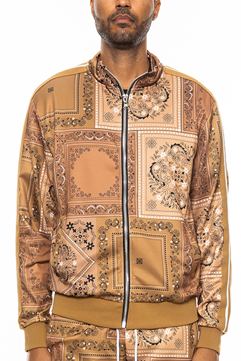 Paisley All Over Print Track Jacket featuring vibrant colors and a full zip design with a collar.