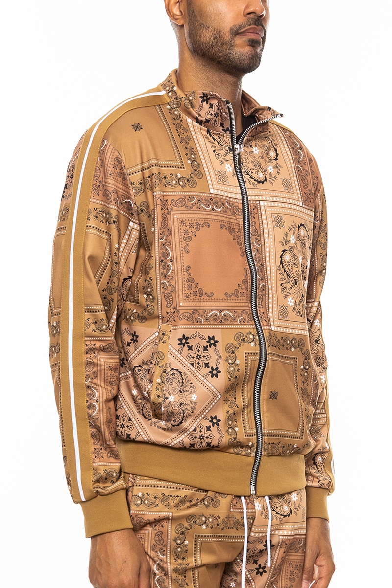 Paisley All Over Print Track Jacket featuring vibrant colors and a full zip design with a collar.