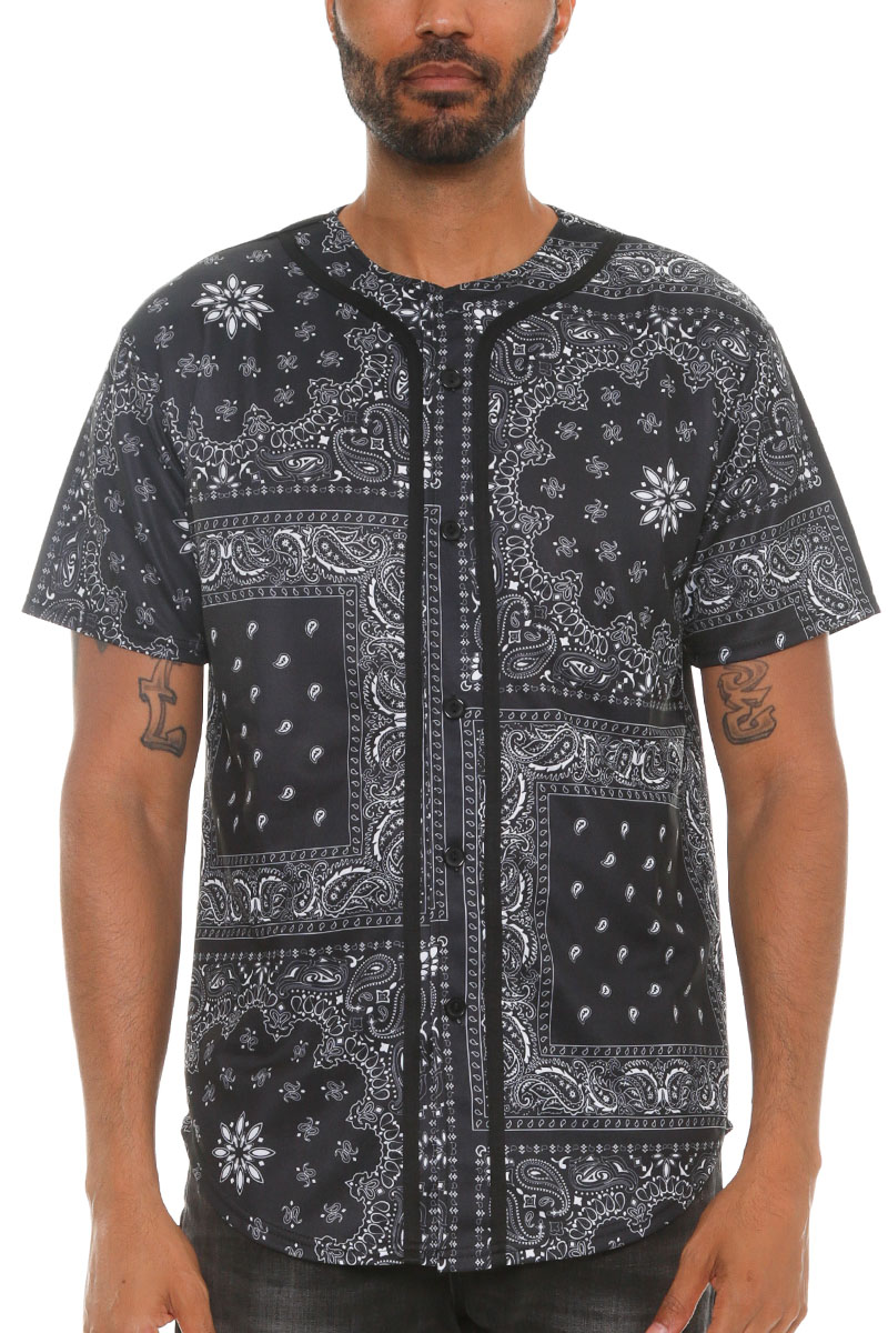 A stylish baseball jersey featuring a vibrant paisley bandana print, designed with a classic button-down closure and made from durable polyester fabric.